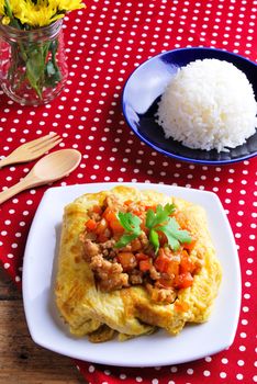 Rice ,stuffed omelette and tom kha kai ,chicken with coconut milk soup.