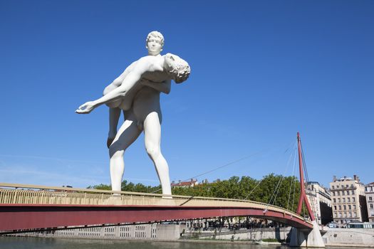 sculpture on footbridge (fake) in Lyon, France, Europe