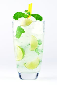 Mojito , lime pieces , leaves of mint with ice and rum