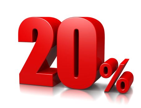 Red Twenty Percent Number on White Background 3D Illustration