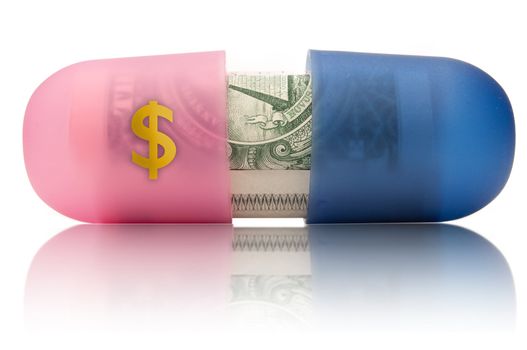 Medicine pill with dollar notes rolled up inside and dollar symbol