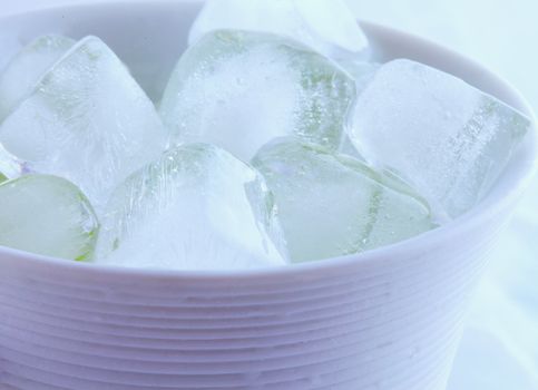 White cup full of ice cubes, close up