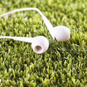 White earphones in the grass, close up