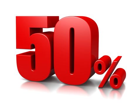 Red Fifty Percent Number on White Background 3D Illustration