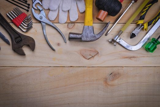 tool renovation on  wood plank table
