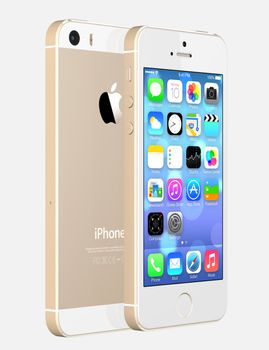 Galati, Romania - August 12, 2014: Gold iPhone 5s showing the home screen with iOS7. Some of the new features of the iPhone 5s include fingerprint recognition built into the home button, a new camera, and a 64-bit processor. Apple released the iPhone 5s on September 20, 2013.