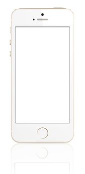 Galati, Romania - August 12, 2014: A front view of an Apple iPhone 5s displaying a blank white screen. Some of the new features of the iPhone 5s include fingerprint recognition built into the home button, a new camera, and a 64-bit processor. Apple released the iPhone 5s on September 20, 2013.