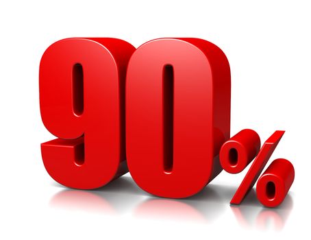Red Ninety Percent Number on White Background 3D Illustration