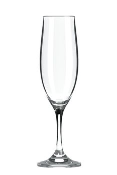 Empty Single Transparent Champagne Flute Glass on White Background