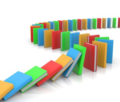 Colored Books Aligned Along a Path Like Domino on White Background