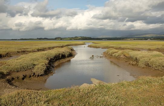 A stream extends across the marshland of Foryd Bay, Caernarfon, Gwynedd, Wales, UK.