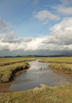 A stream extends across the marshland of Foryd Bay, Caernarfon, Gwynedd, Wales, UK.