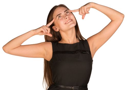 Smiling girl put her fingers to head. Isolated on the white background