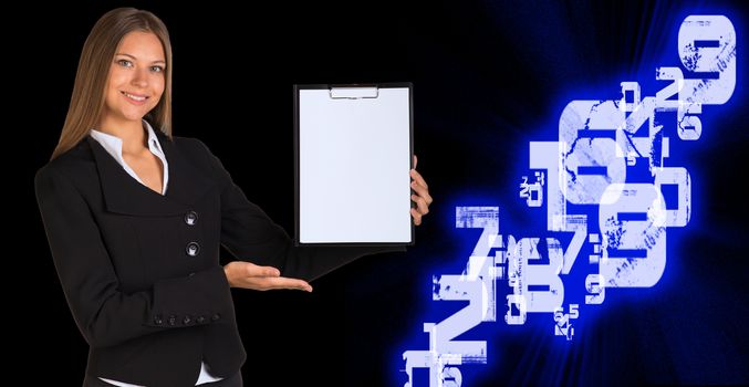 Businesswoman holding paper holder. White glowing figures as backdrop