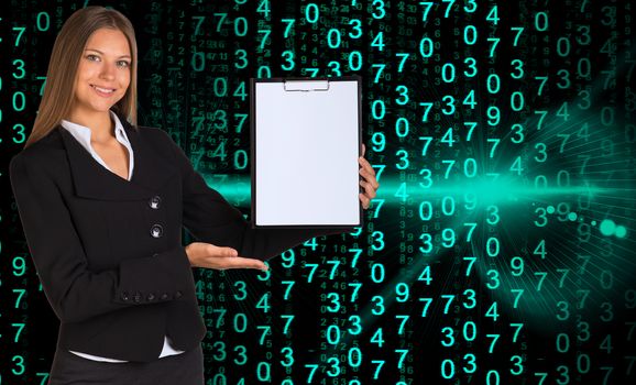 Businesswoman holding paper holder. Glowing figures as backdrop