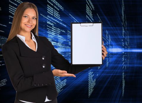 Businesswoman holding paper holder. Glowing digital code as backdrop
