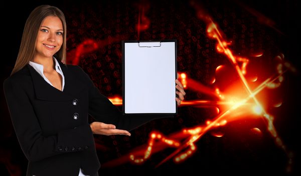 Businesswoman holding paper holder. Glow rays as backdrop