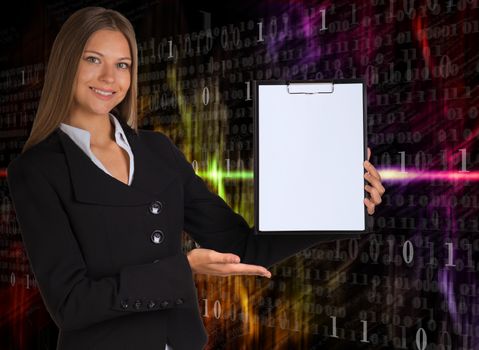 Businesswoman holding paper holder. Glowing figures as backdrop