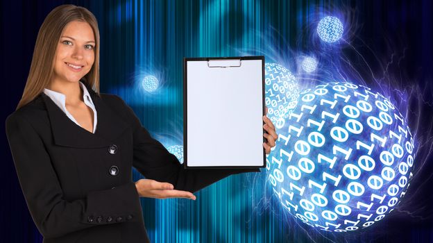 Businesswoman holding paper holder. Spheres of glowing digits as backdrop