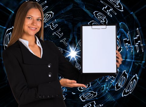 Businesswoman holding paper holder. Blue glowing figures as backdrop