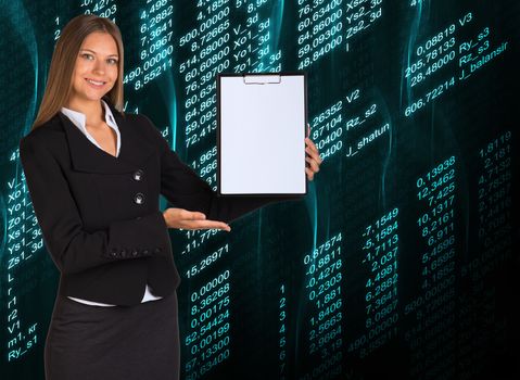 Businesswoman holding paper holder. Glowing figures as backdrop