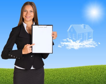Businesswoman holding paper holder. House of clouds with landscape as backdrop