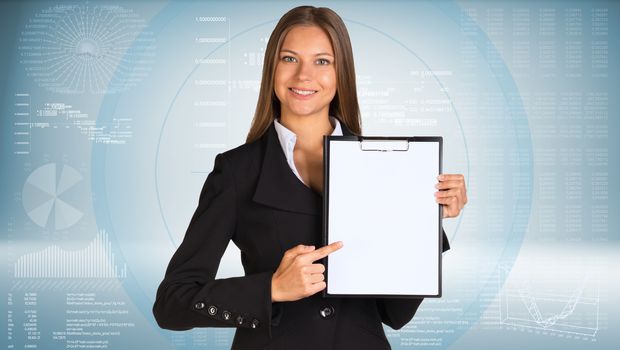Businesswoman holding paper holder. High-tech graphs as backdrop