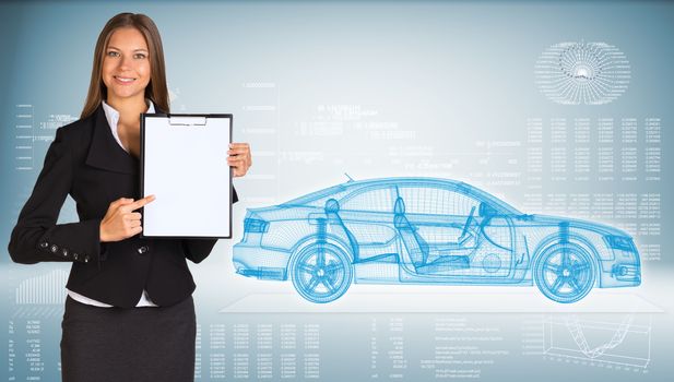 Businesswoman holding paper holder. High-tech wire-frame car and graphs as backdrop