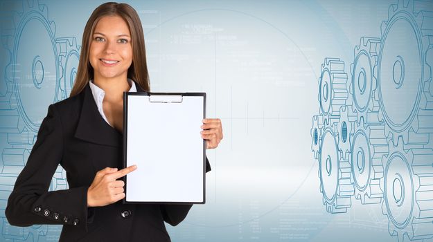 Businesswoman holding paper holder. High-tech wire-frame gears and graphs as backdrop