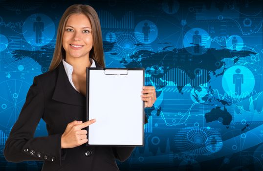 Businesswoman holding paper holder. World map with contacts as backdrop