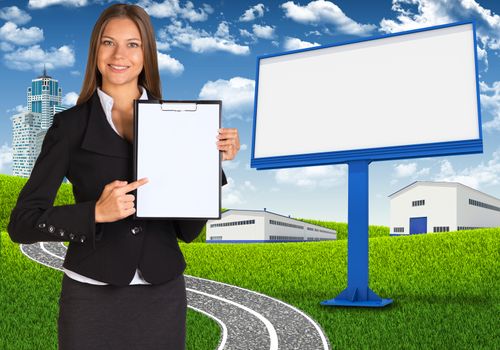 Businesswoman holding paper holder. Blank billboard, road, skyscrapers and industrial area as backdrop