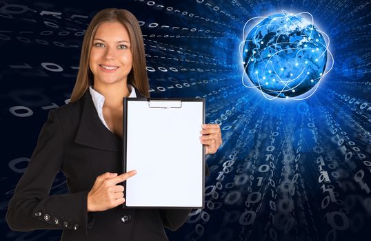 Businesswoman holding paper holder. Glowing figures and Earth as backdrop. Elements of this image are furnished by NASA