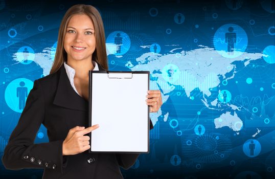 Businesswoman holding paper holder. World map with contacts as backdrop