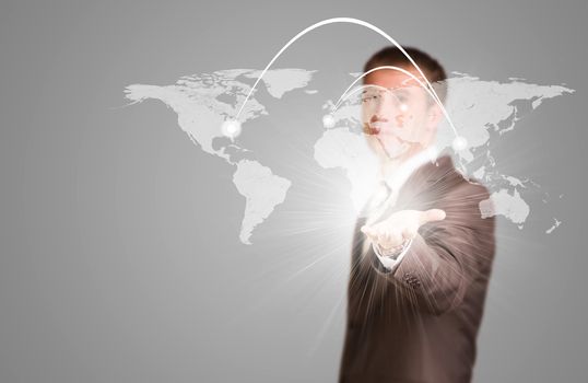 World map with line. Businessman in a suit as backdrop