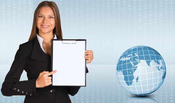 Businesswoman holding paper holder. Earth and numbers as backdrop