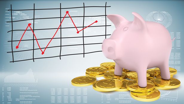 Piggy bank with gold coins and graph of price changes. Graphs and texts as backdrop