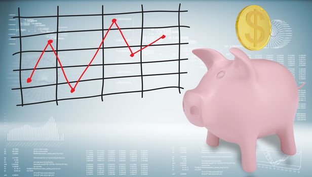 Piggy bank with gold coin and graph of price changes. Graphs and texts as backdrop