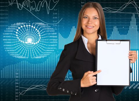Businesswoman holding paper holder. Graphs as backdrop