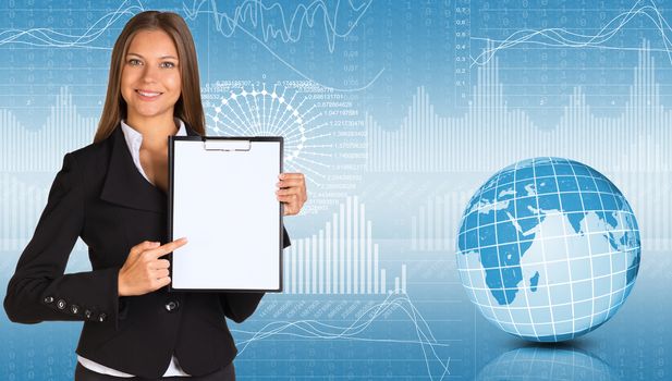 Businesswoman holding paper holder. Earth and graphics as backdrop
