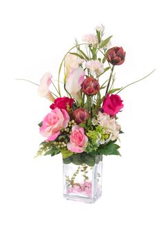 Decoration artificial plastic flower with glass vase, pink crystal inside isolated on white background