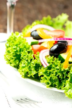 Salad with vegetables and greens in plate on tablecloth