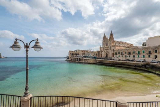 Neo-Gothic church of Our Lady of Mount Carmel (Balluta parish church), situated in Balluta bay, Malta