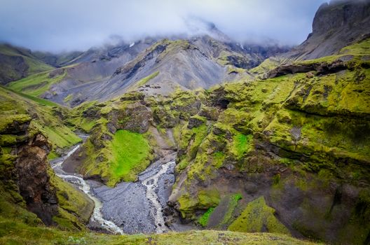 Landscape view of Thorsmork mountains canyon and river, near Skogar, Iceland