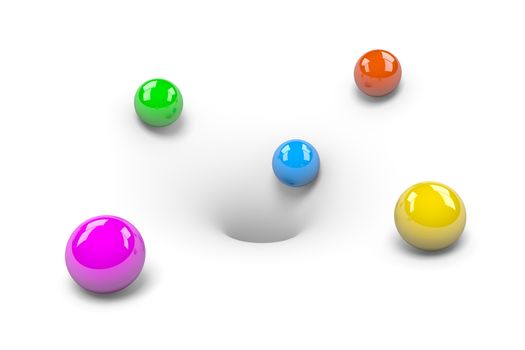 Colorful Balls attracted to Hole on White Background