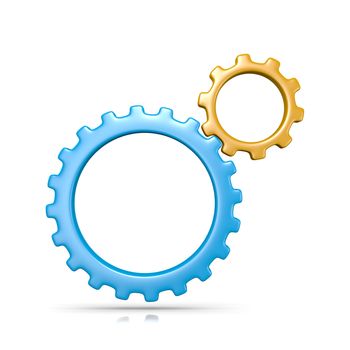 Two Plastic Colorful Gears Engaged 3D Illustration Isolated on White Background