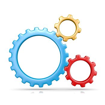 Three Plastic Colorful Gears Engaged 3D Illustration Isolated on White Background