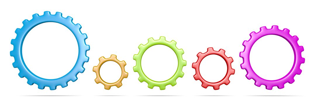 Five Plastic Colorful Gears Collection 3D Illustration Isolated on White Background