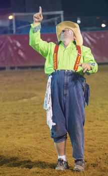 LOGANDALE , NEVADA - APRIL 10 : Rodeo Clown performing in the Clark County Fair and Rodeo a Professional Rodeo held in  Logandale Nevada , USA on April 10 2014 