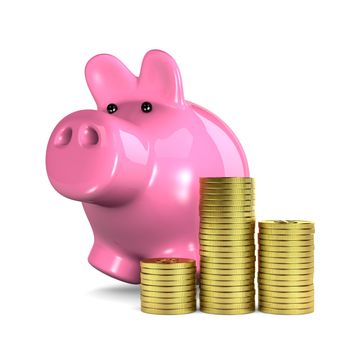 Piggy Bank and Heaps of Dollar Coins Illustration