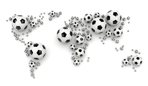 Black and White Soccer Balls Arranged as a World Map on White Background 3D Illustration